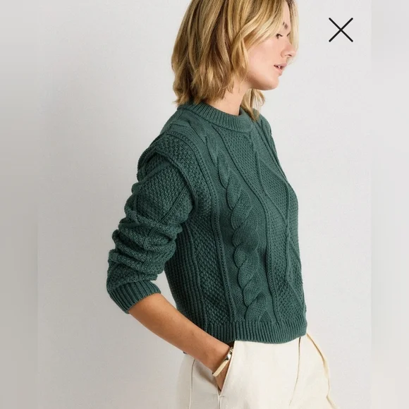 ✅ Quince 100% Organic Cotton Cropped Cable Knit Crew Sweater, Big Sur (XS) - Picture 1 of 16